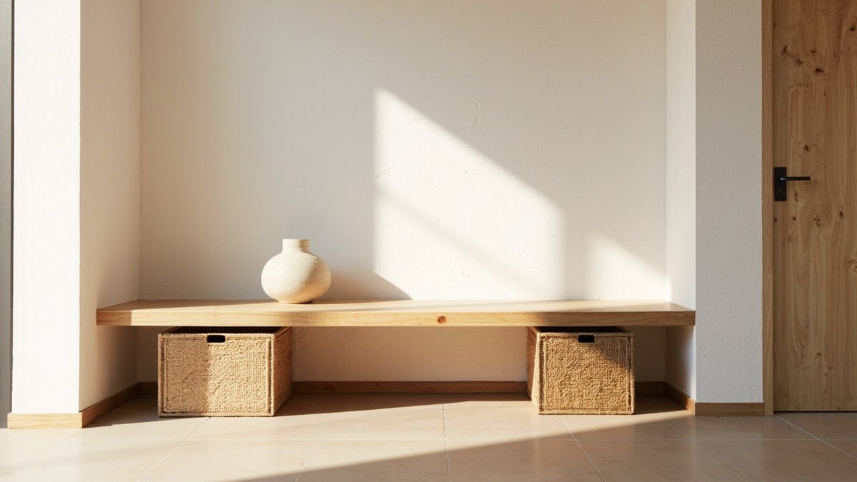 Illustrative concept design: entrance recess with a timber plank bench, two woven seagrass boxes and a knotty timber door