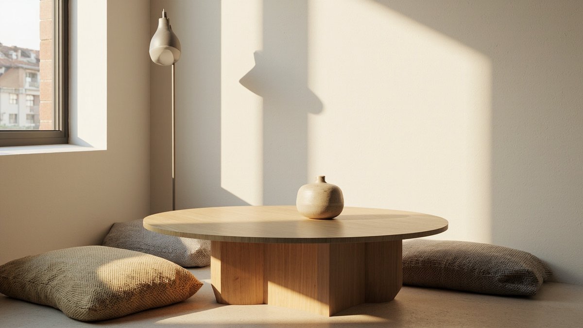 Illustrative concept design: floor-seating nook with three woven cushions around a low round timber table and a slim floor lamp