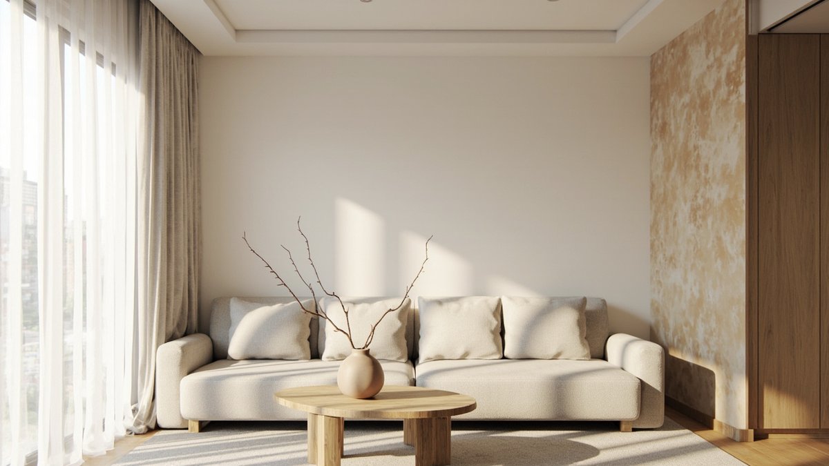 Illustrative concept design: condo living room with a cream boucle sofa, round timber table and one mottled ochre lime-finish side wall