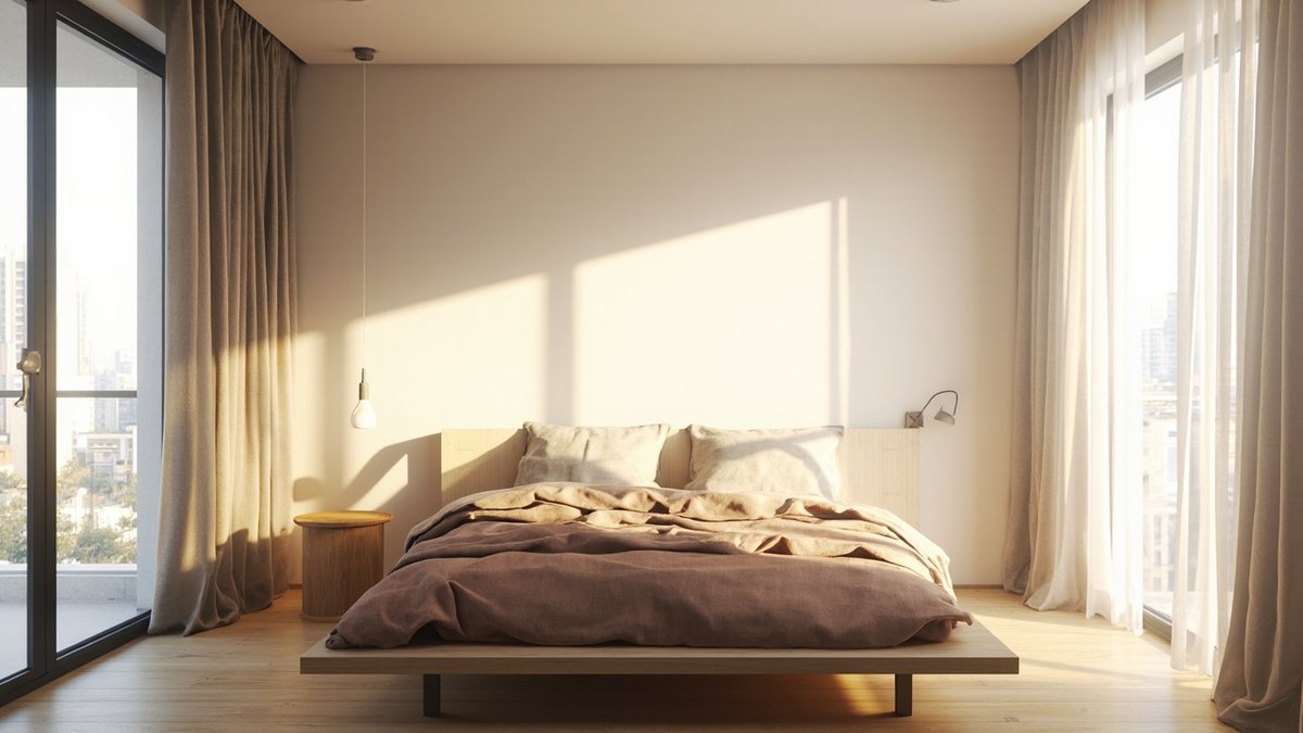 Illustrative concept design: condo bedroom with a low timber platform bed in rumpled mauve-brown linen and a round timber side table