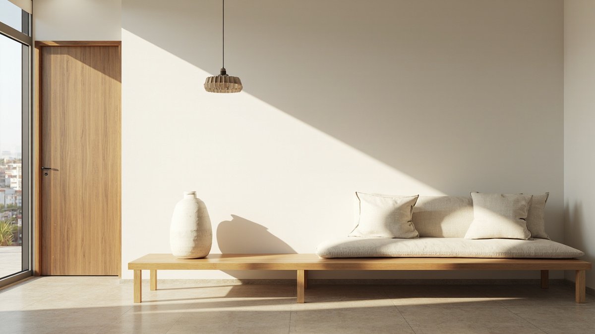 Illustrative concept design: living hall with a long low timber bench seat, linen cushions, a white clay vase and a woven pendant