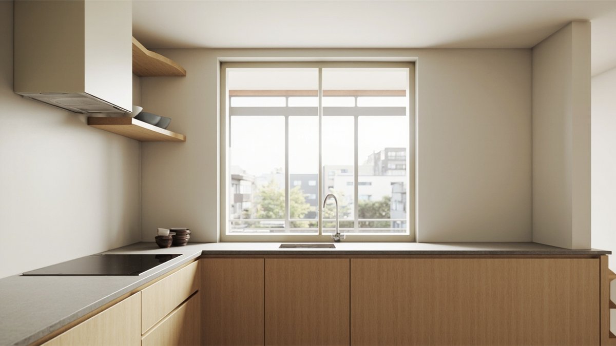 Illustrative concept design: U-shaped kitchen with light oak flat-panel cabinets, a grey stone-look top and two open oak shelves