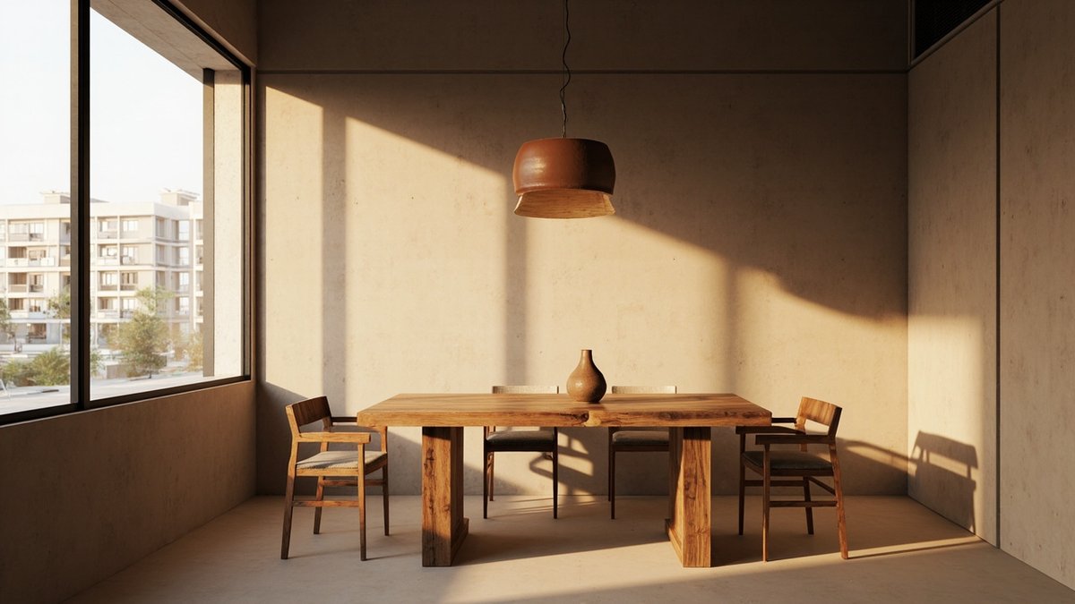 Illustrative concept design: dining room with raw trowelled plaster walls, a chunky timber table, four chairs and a clay pendant