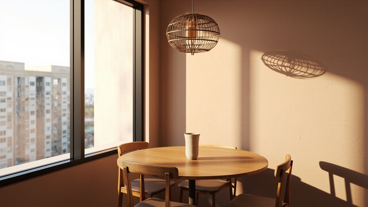 Illustrative concept design: condo dining corner with a round timber table, four chairs and a rattan globe pendant by a clay-toned wall