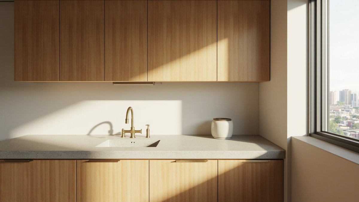 Illustrative concept design: kitchen run of solid timber flat-panel cabinets with a speckled grey top and a brass bridge tap