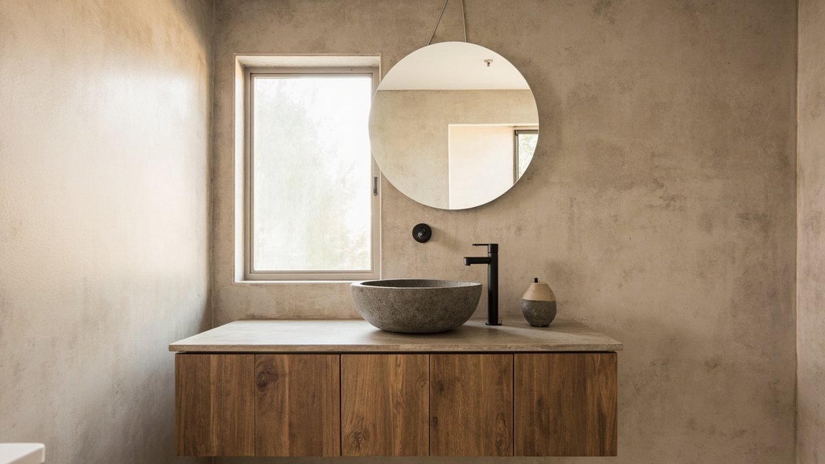 Illustrative concept design: bathroom with trowelled grey-beige walls, a round stone vessel basin and a floating walnut vanity