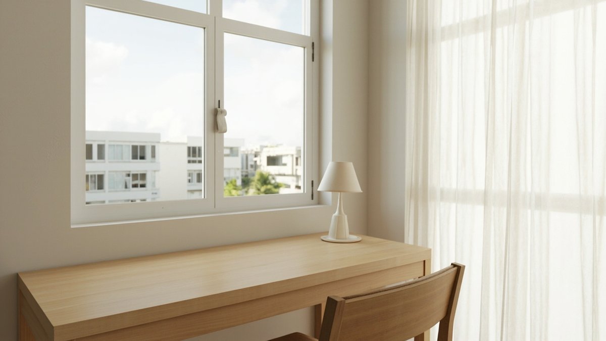 Illustrative concept design: study corner with a bare light timber desk under a window, a white ceramic lamp and a timber chair