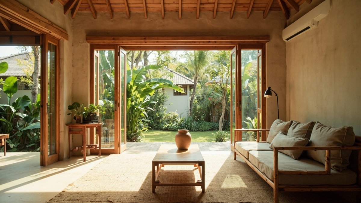 Illustrative concept design: bungalow living room under an exposed timber roof with a bamboo sofa, jute rug and doors open to a garden