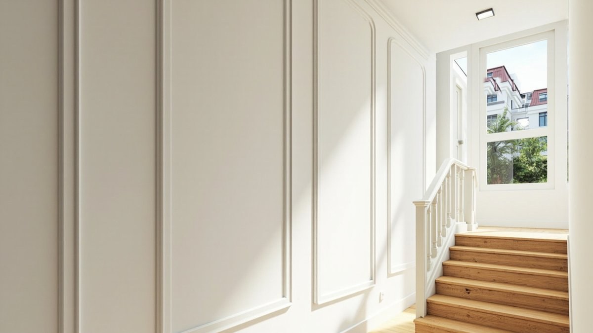 Ilustrasi konsep reka bentuk: dinding dewan tangga yang tinggi dengan bingkai moulding putih besar dari skirting ke cornice