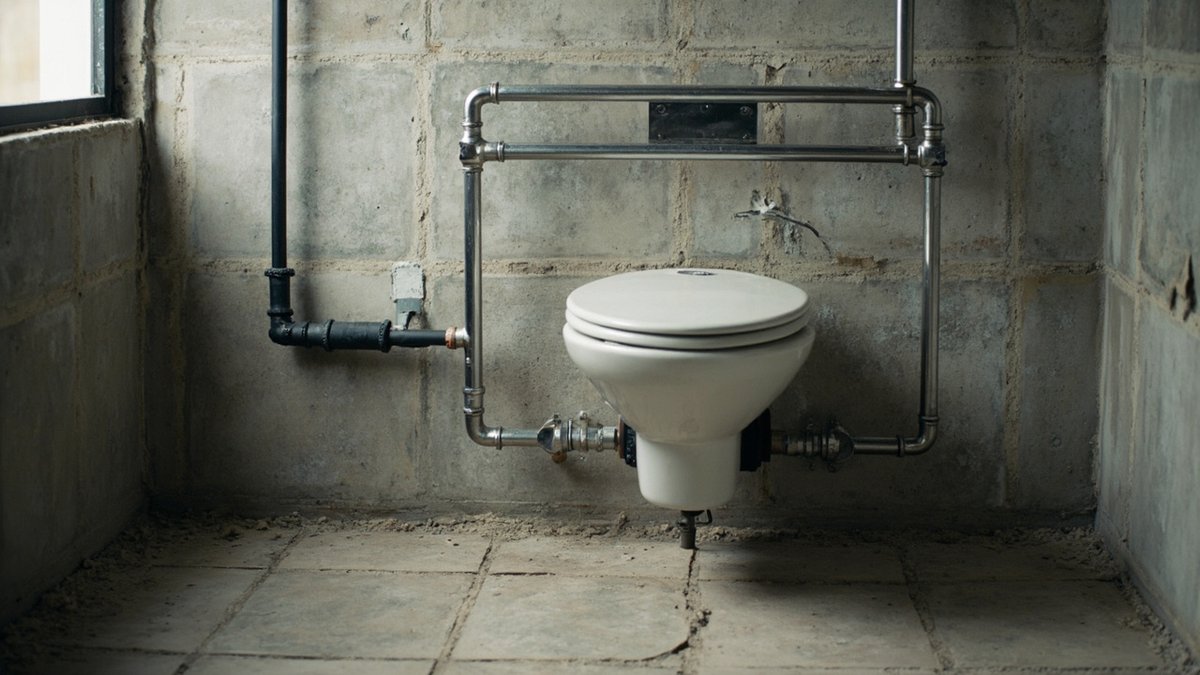 Steel frame and concealed cistern for a wall-hung toilet before the false wall is built