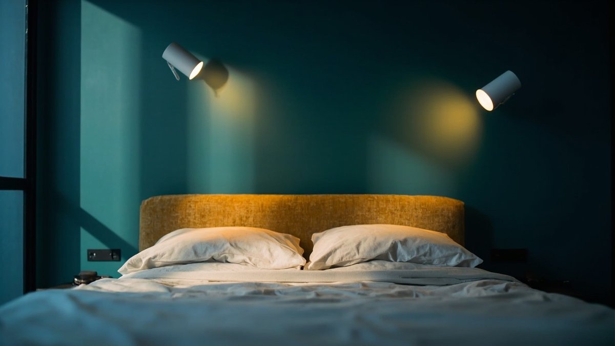 Two up-down wall lights either side of a headboard drawing cones of light on a teal bedroom wall