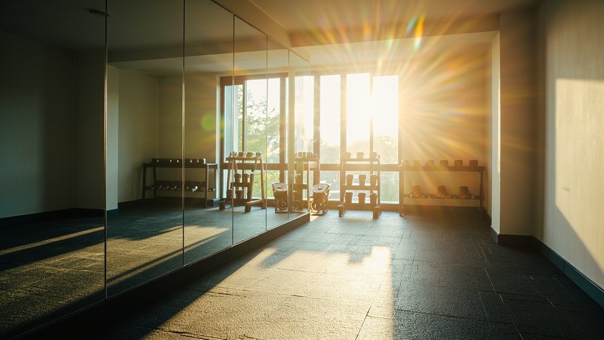 A home gym with a floor-to-ceiling mirror wall of aligned panels on a bottom channel above rubber flooring