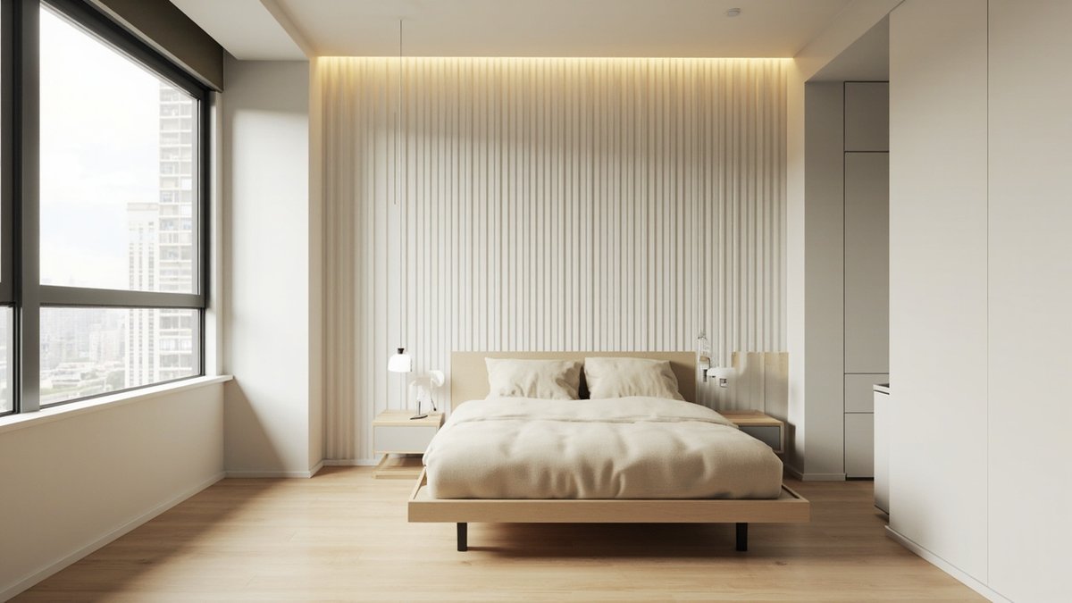 Ilustrasi konsep reka bentuk: panel fluted halus putih hangat di dinding headboard bilik tidur kondo di belakang katil oak