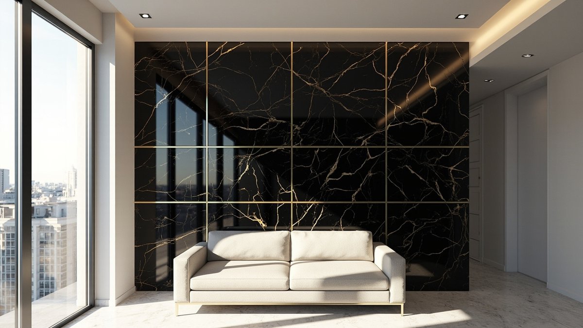 Ilustrasi konsep reka bentuk: dinding UV marble sheet hitam dan emas berkilat di belakang sofa krim ruang tamu kondo