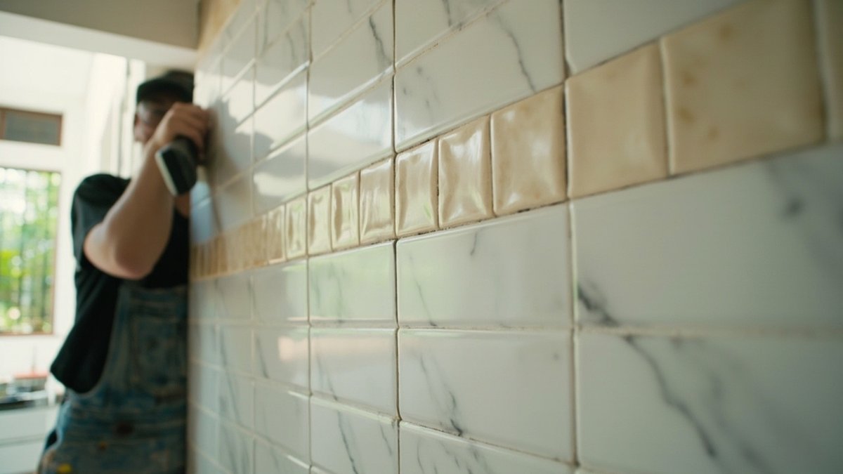 Old kitchen wall tiles being covered with new flat wall panels