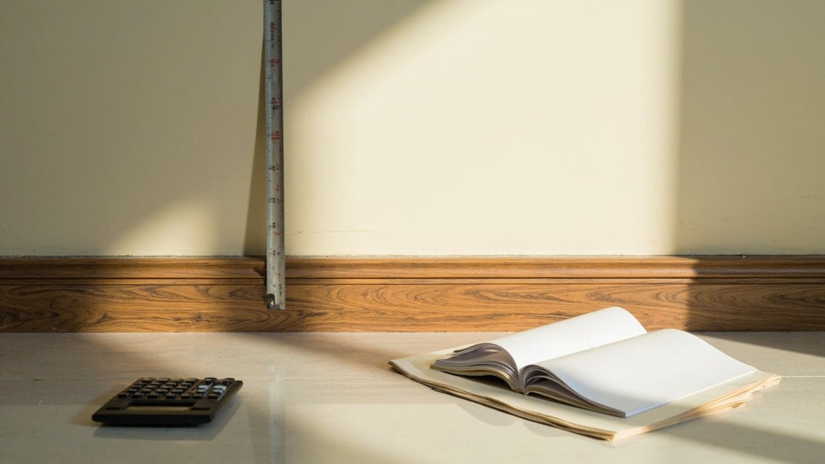 Tape measure across a bare wall beside a stack of fluted panels and trims