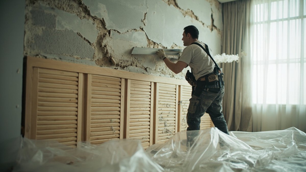 Pekerja mencabut panel dinding fluted, menampakkan kesan pelekat pada plaster