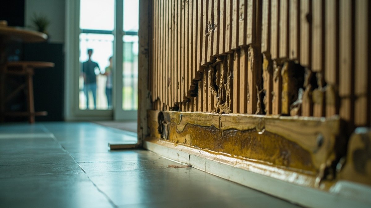 Panel fluted MDF yang kembang dengan celah dan kesan air berhampiran skirting