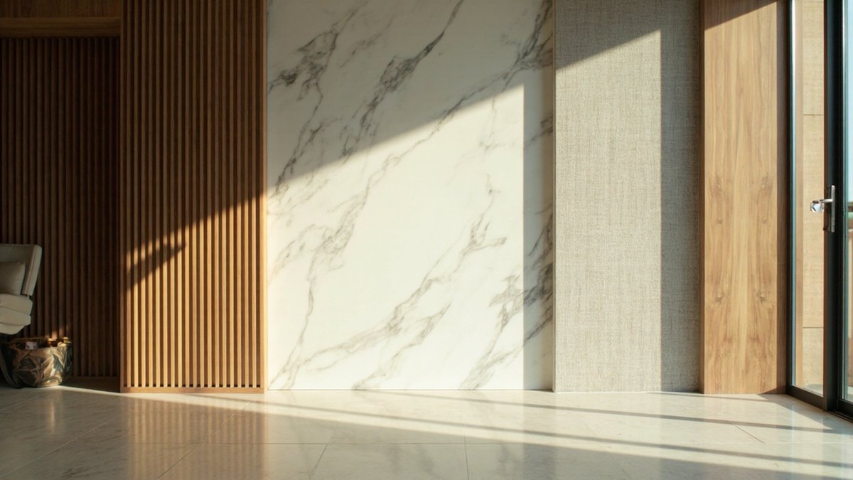 Three wall panel types side by side on one living room wall: fluted, marble-look sheet and fabric