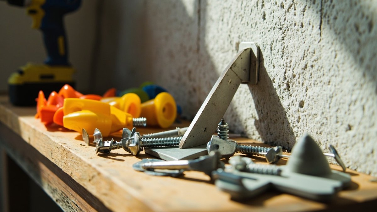 Assorted wall plugs, toggles and anchors beside a drill with plasterboard and AAC block