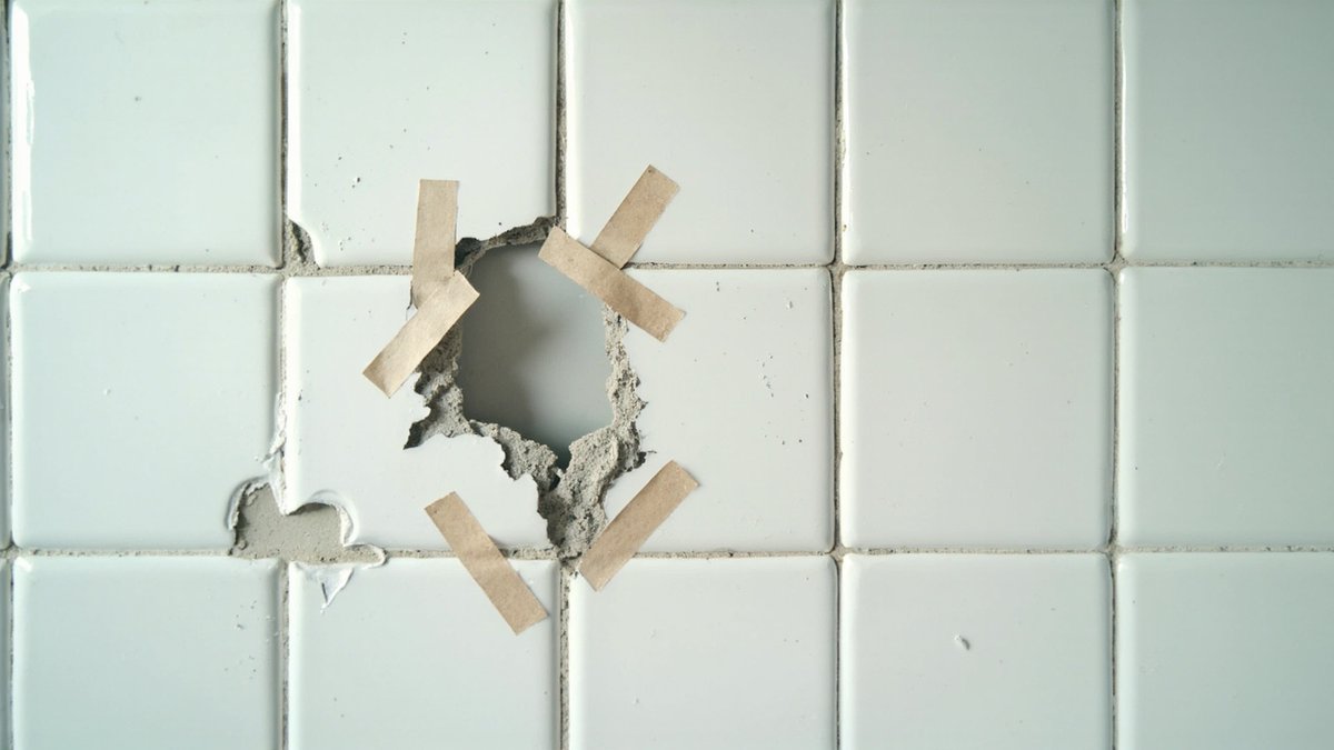Bathroom wall with a bulging ceramic tile, cracked grout and tape marking hollow tiles