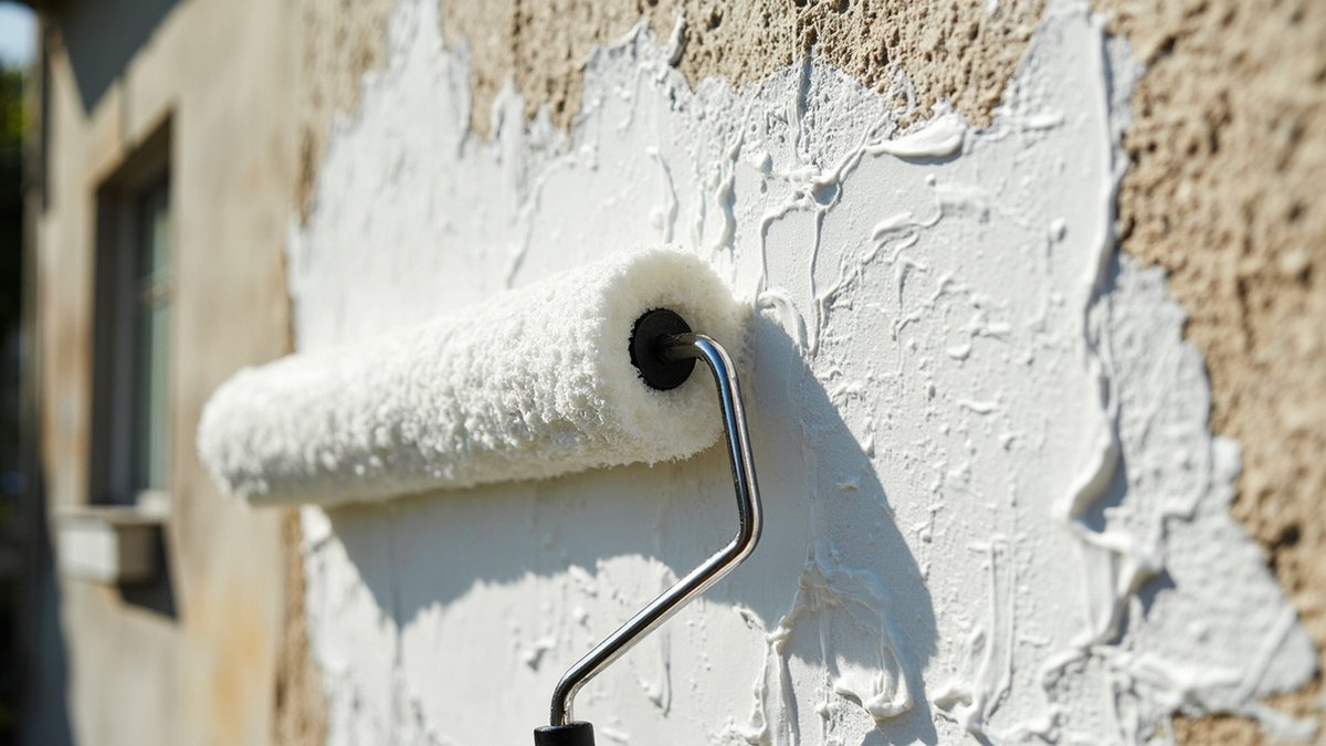 Roller applying elastomeric waterproof coating to an exterior wall