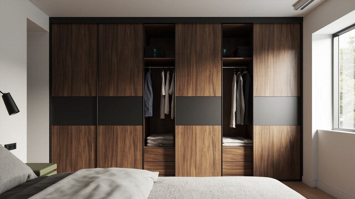 Illustrative concept design: black aluminium-frame sliding wardrobe with walnut-grain panels and a black band across each door