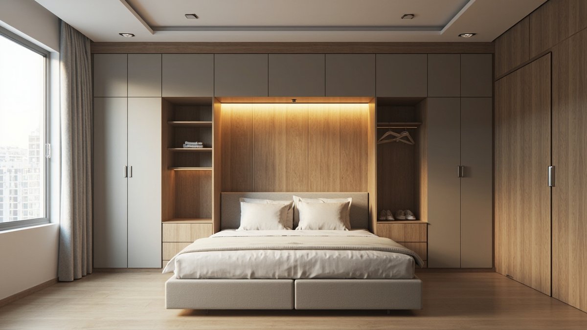 Illustrative concept design: greige wardrobe towers with oak open niches on both sides of a bed, joined by overhead cabinets above a lit oak headboard