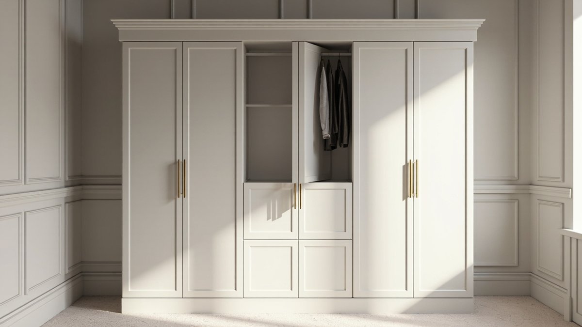 Illustrative concept design: pale grey shaker-door wardrobe with brass bar handles and crown moulding against panelled walls