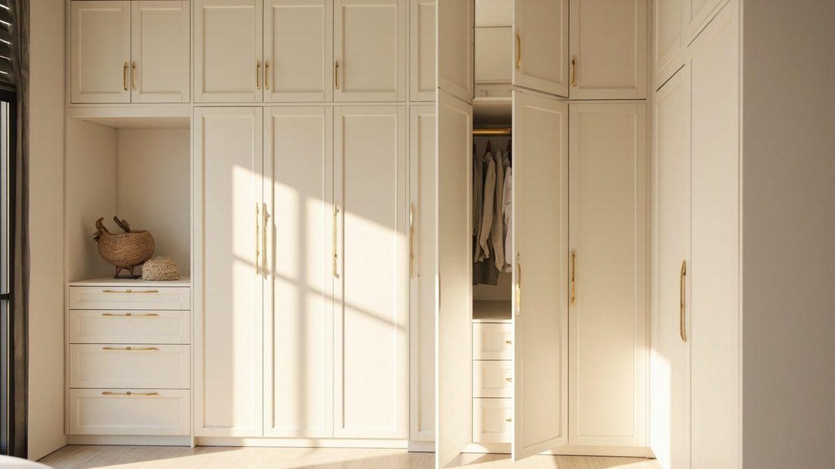 Illustrative concept design: cream framed-panel wardrobe with gold handles, overhead cabinets and an open display niche