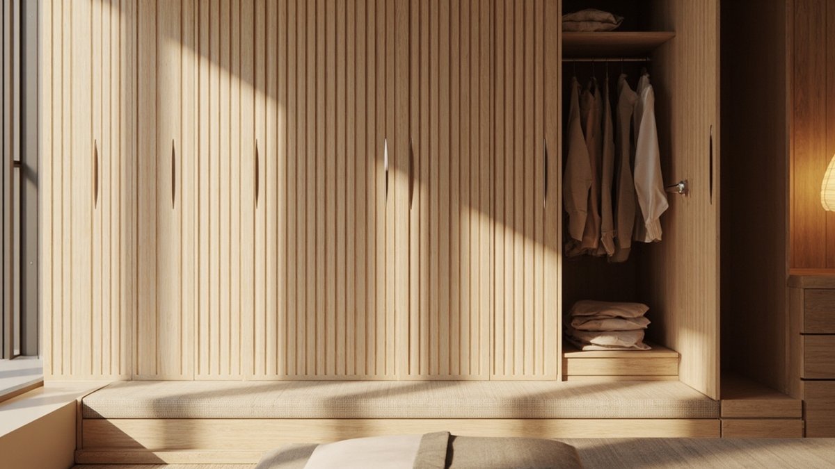 Illustrative concept design: light oak fluted wardrobe doors with slim finger pulls above a long beige upholstered bench
