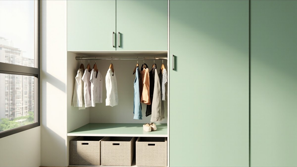 Illustrative concept design: mint green children's wardrobe with a low open hanging rail of small clothes and woven baskets below