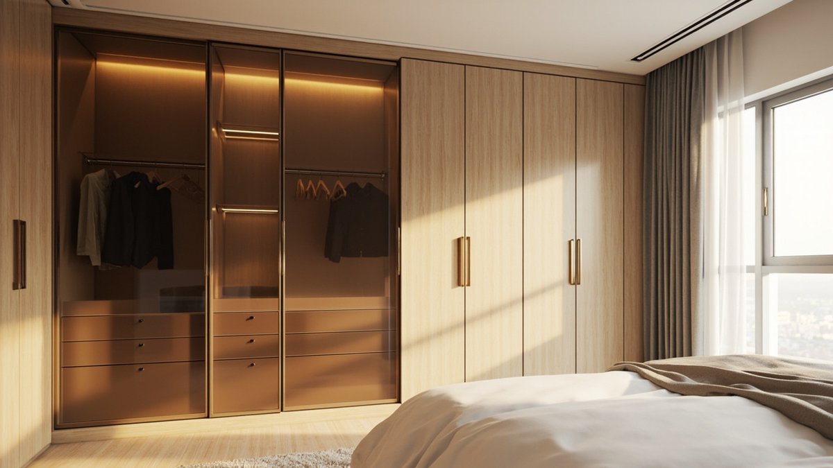 Illustrative concept design: full-wall built-in wardrobe with bronze tinted glass doors and light oak doors in a condo master bedroom