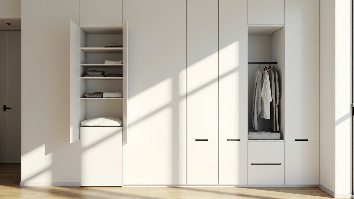 Illustrative concept design: floor-to-ceiling matt white wardrobe wall with flat doors, one open shelf bay and one open hanging bay