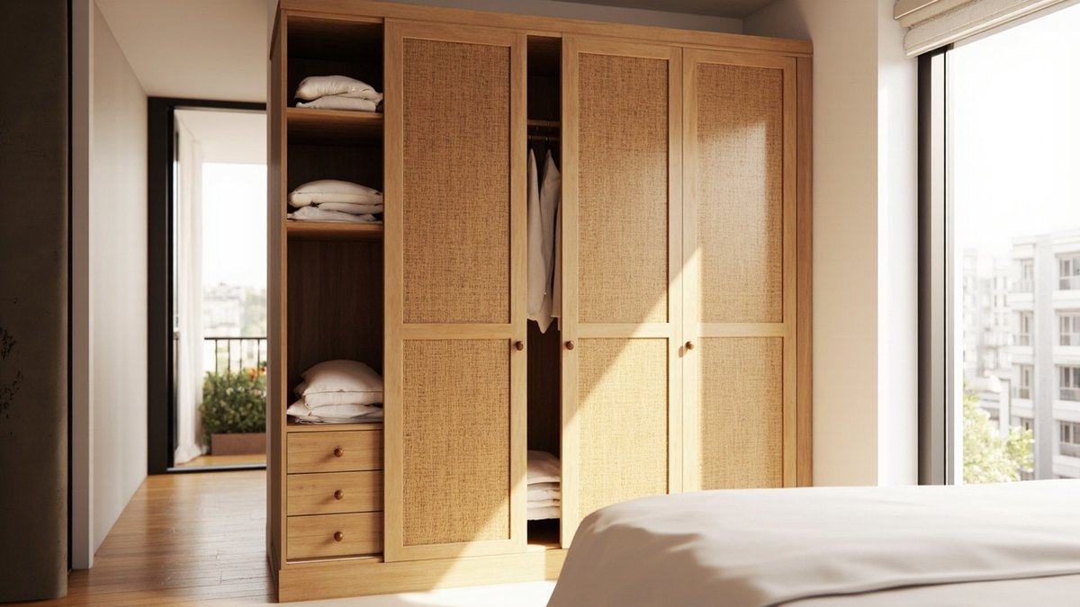 Illustrative concept design: honey teak-look wardrobe with rattan cane doors, round wooden knobs and open linen and hanging bays