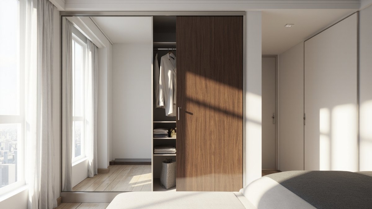 Illustrative concept design: built-in wardrobe with a full-height sliding mirror door and a walnut-look sliding door in a condo bedroom