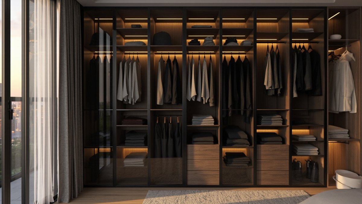 Illustrative concept design: black-framed tinted glass wardrobe doors with warm LED shelf lighting and dark oak drawers