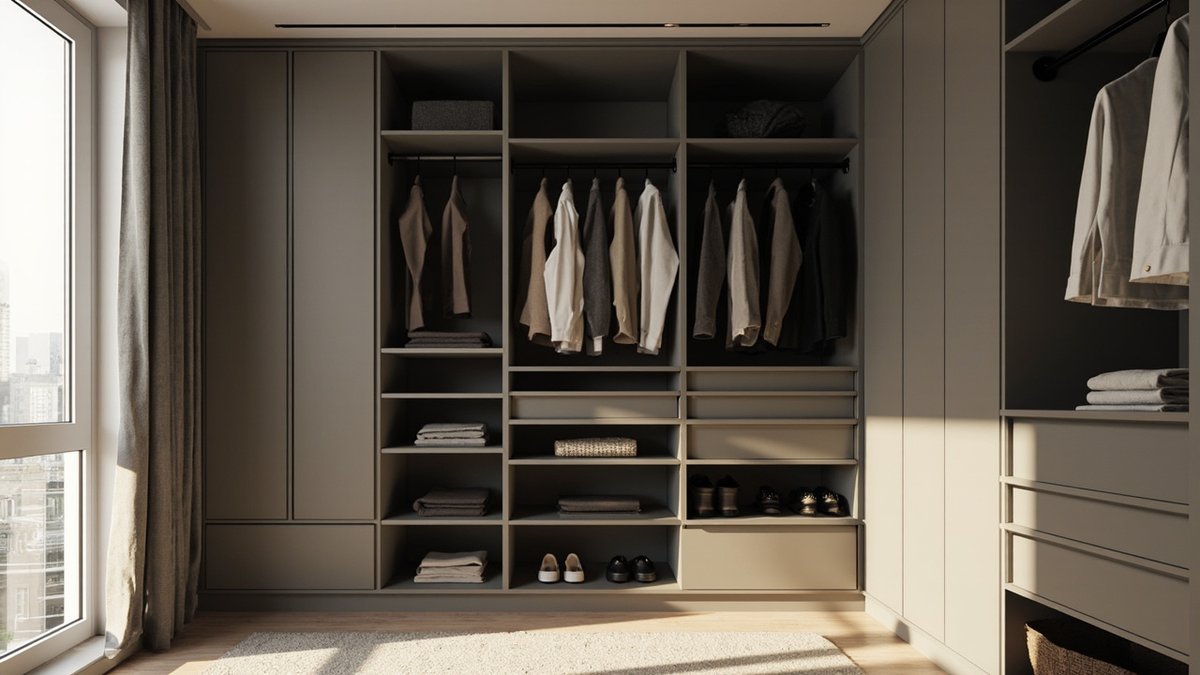 Illustrative concept design: compact L-shaped walk-in wardrobe in warm grey with black hanging rails and open shoe shelves