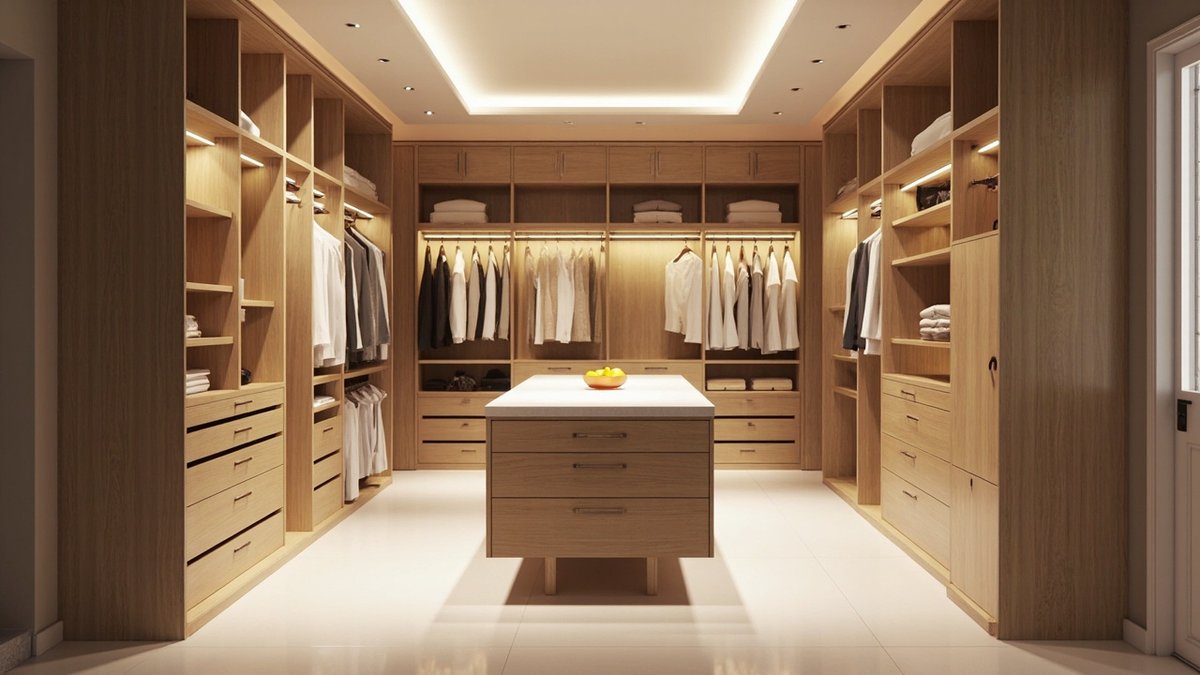 Illustrative concept design: U-shaped light oak walk-in wardrobe with open hanging bays and a stone-top drawer island