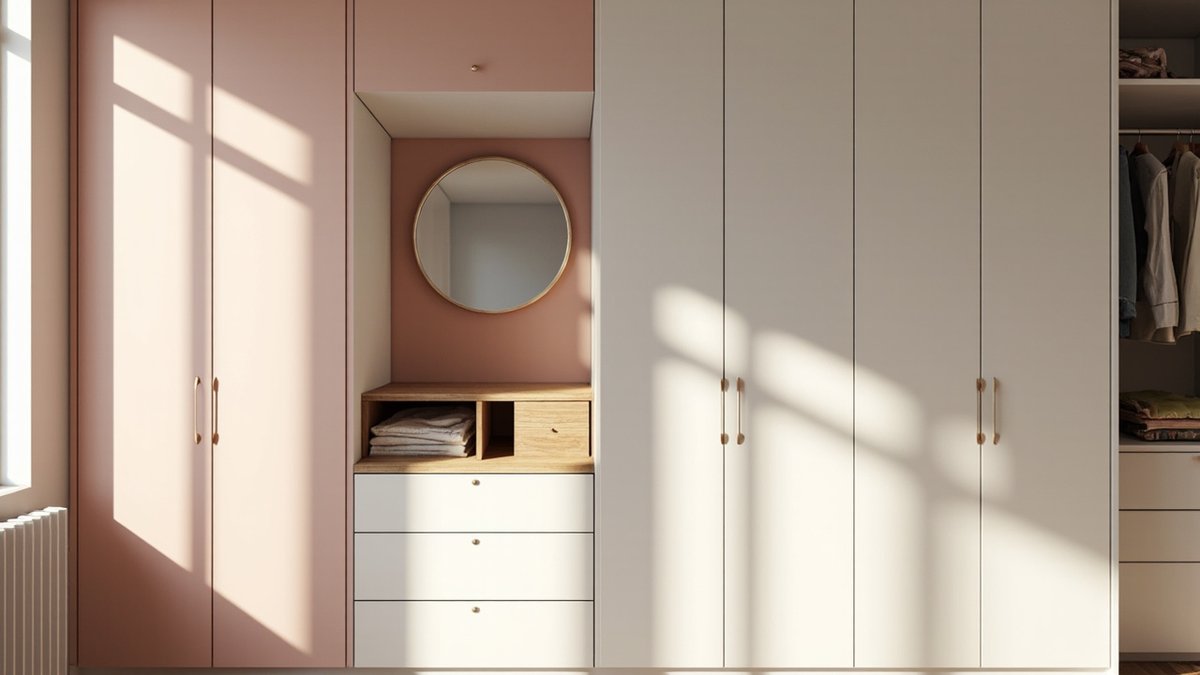 Illustrative concept design: blush pink and white wardrobe with a dressing niche, round mirror, oak top and white drawers