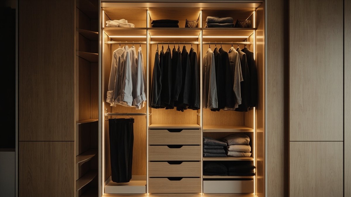 Open wardrobe with double hanging rails, a pull-down rail, shelves, a trouser rack and drawers