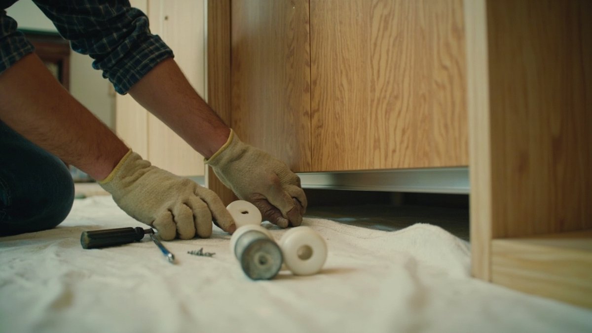Carpenter refitting a sliding wardrobe door onto its track with new rollers