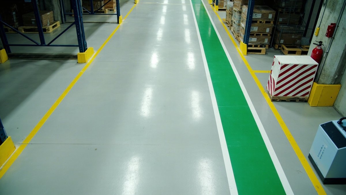 Warehouse epoxy floor with yellow aisle lines, a marked pedestrian walkway and a hatched keep-clear zone