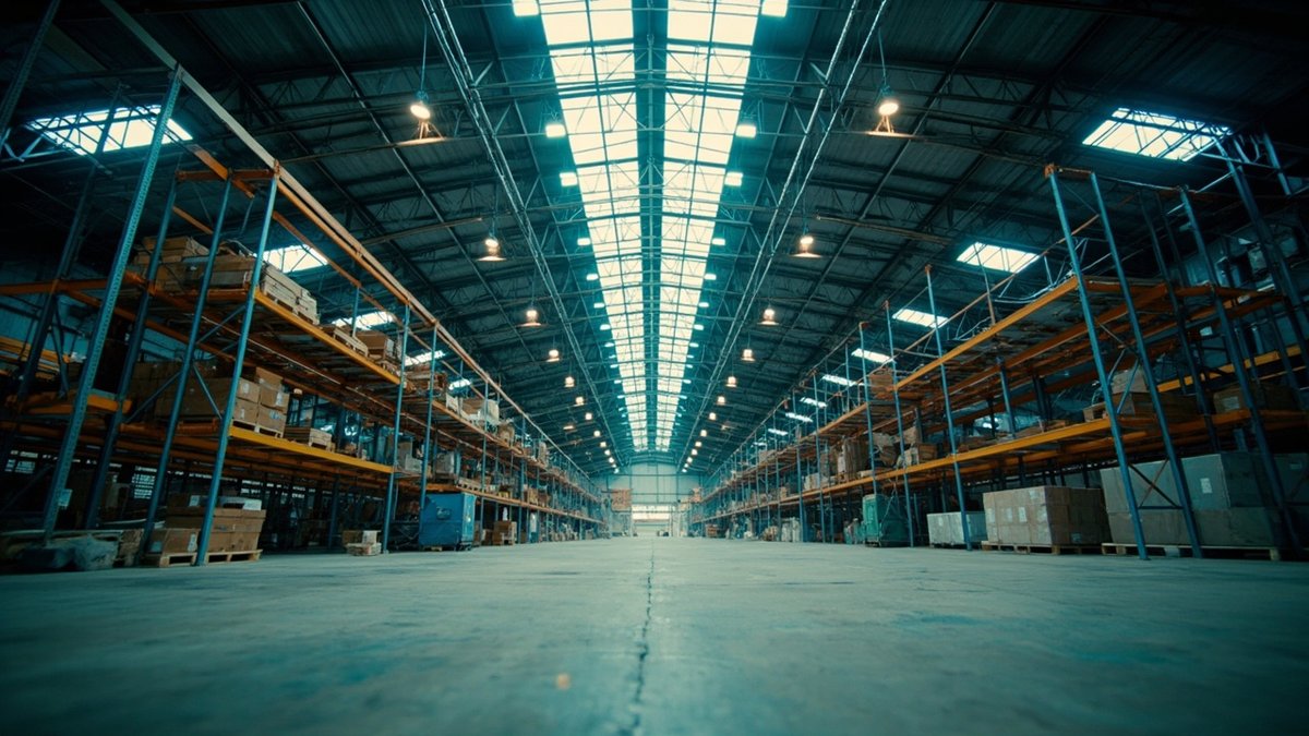 Lorong gudang di antara rak tinggi diterangi lampu high-bay LED di bawah bumbung logam