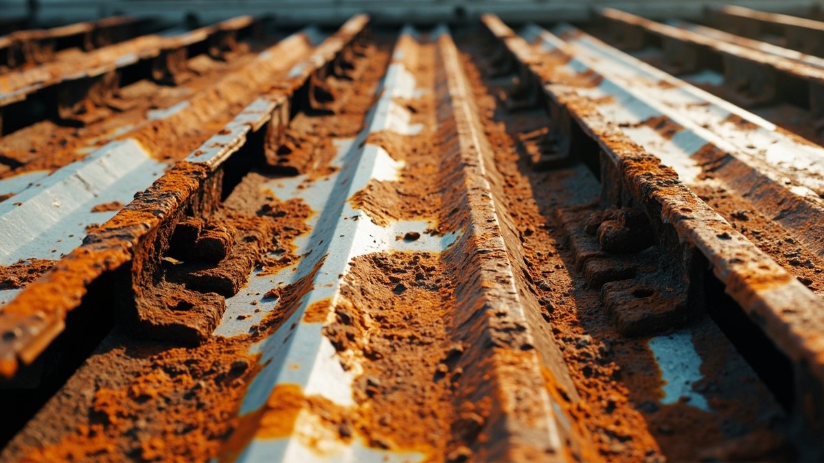 Corroded metal roof sheeting and fasteners on a warehouse