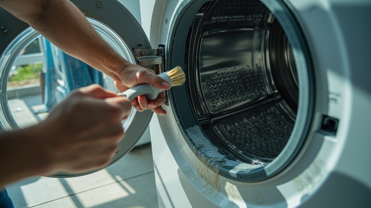 A front-loading washing machine drum and door gasket being deep-cleaned