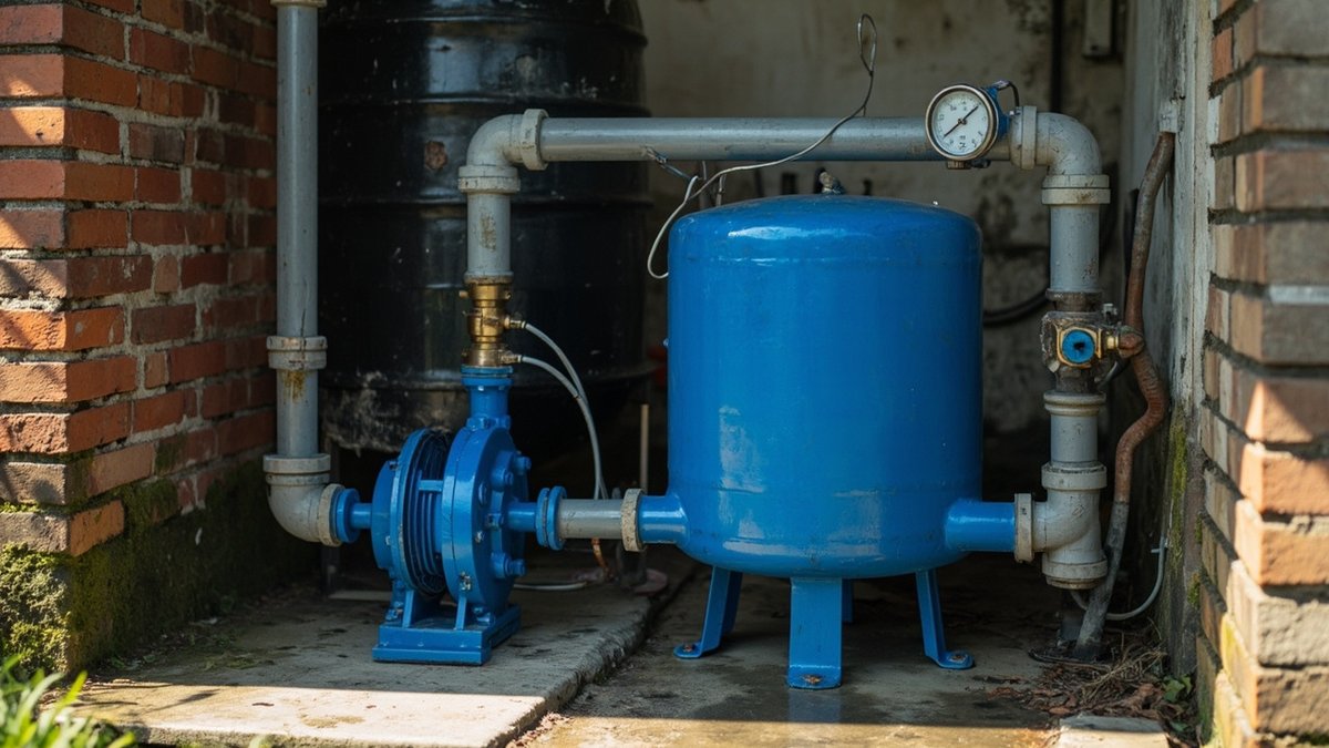 Water booster pump and pressure tank installed beside a water tank in a Malaysian home