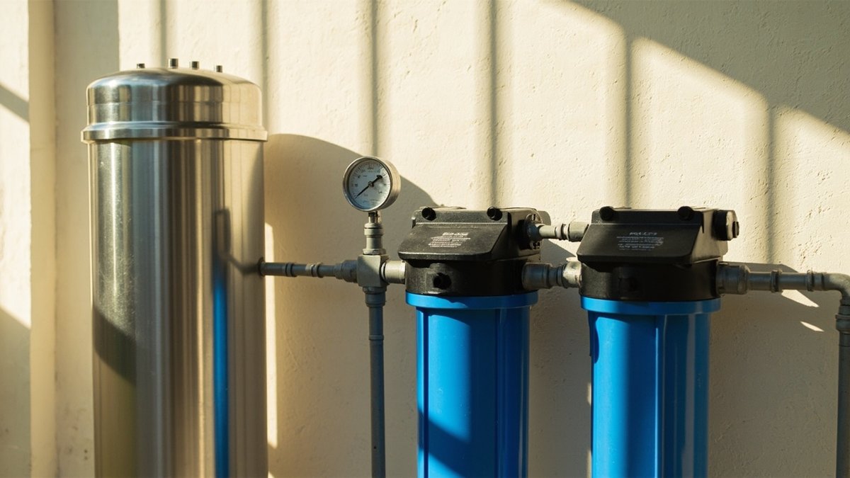Whole-house water filtration system installed on a Malaysian home exterior wall