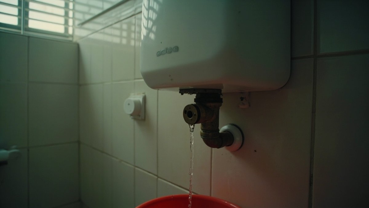 Water dripping from the fitting under a bathroom instant water heater into a pail, with the switch turned off