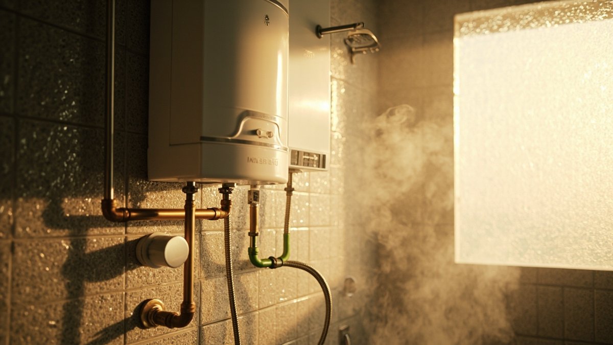 Water heater simpanan di dinding bersebelahan water heater segera yang nipis di atas mixer pancuran termostatik